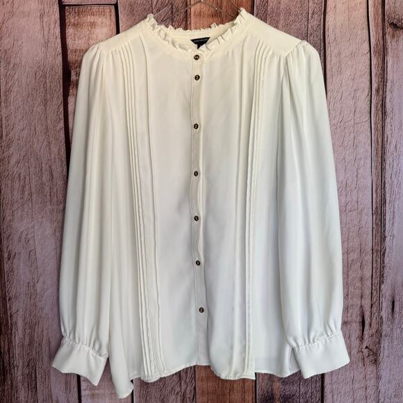 Ann Taylor Ruffle Pintuck Blouse Cream Romantic Feminine Classic Workwear XLP - Picture 1 of 9